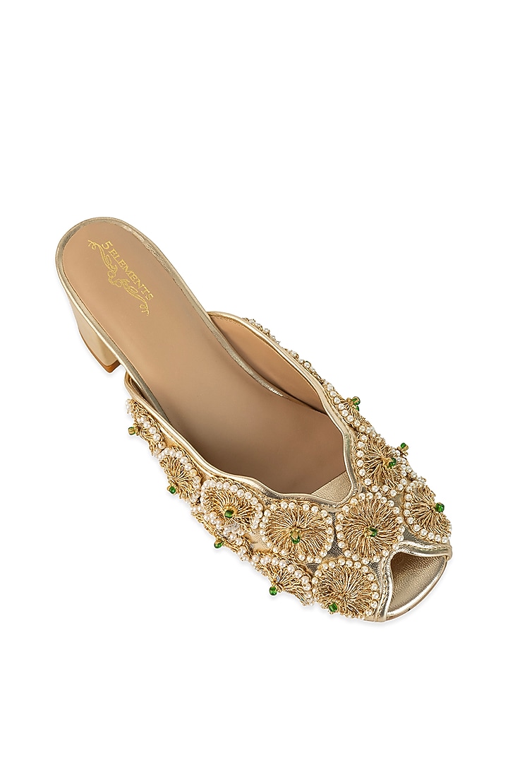 Gold Leatherette Floral Embroidered Heels by 5 Elements at Pernia's Pop Up Shop