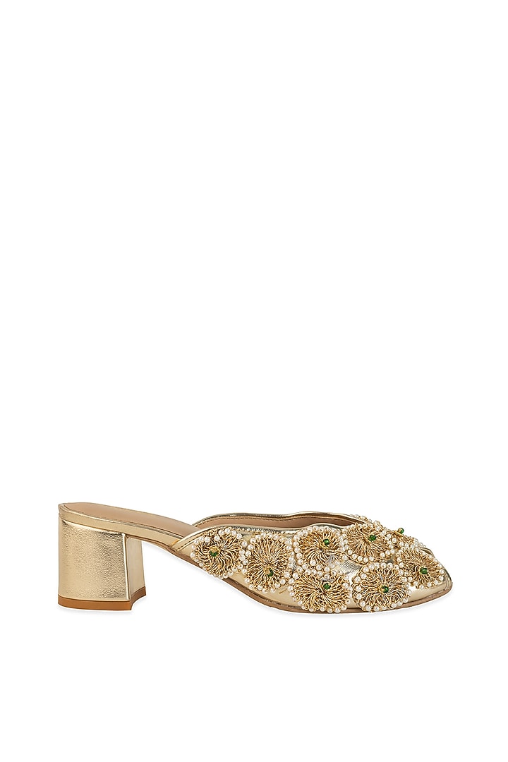 Gold Leatherette Floral Embroidered Heels by 5 Elements at Pernia's Pop Up Shop