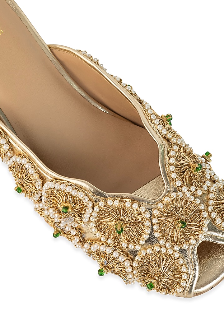 Gold Leatherette Floral Embroidered Heels by 5 Elements at Pernia's Pop Up Shop