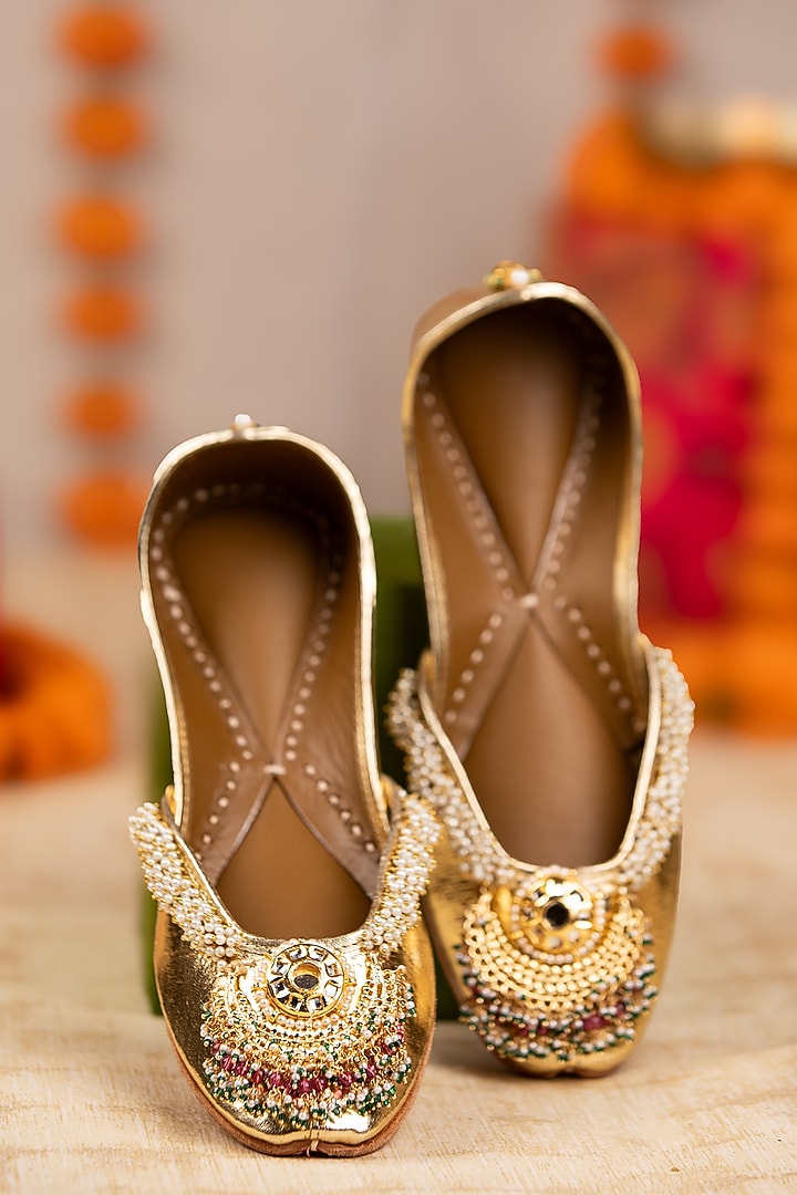 Gold Leatherette Mirror Hand Embroidered Juttis by 5 Elements at Pernia's Pop Up Shop
