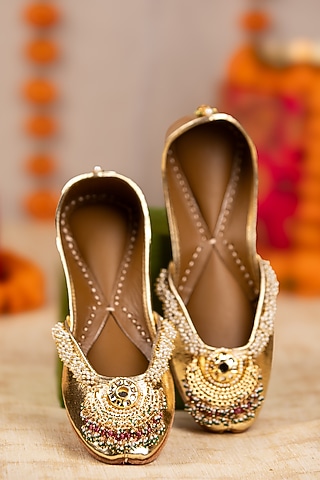 Gold Leatherette Mirror Hand Embroidered Juttis by 5 Elements