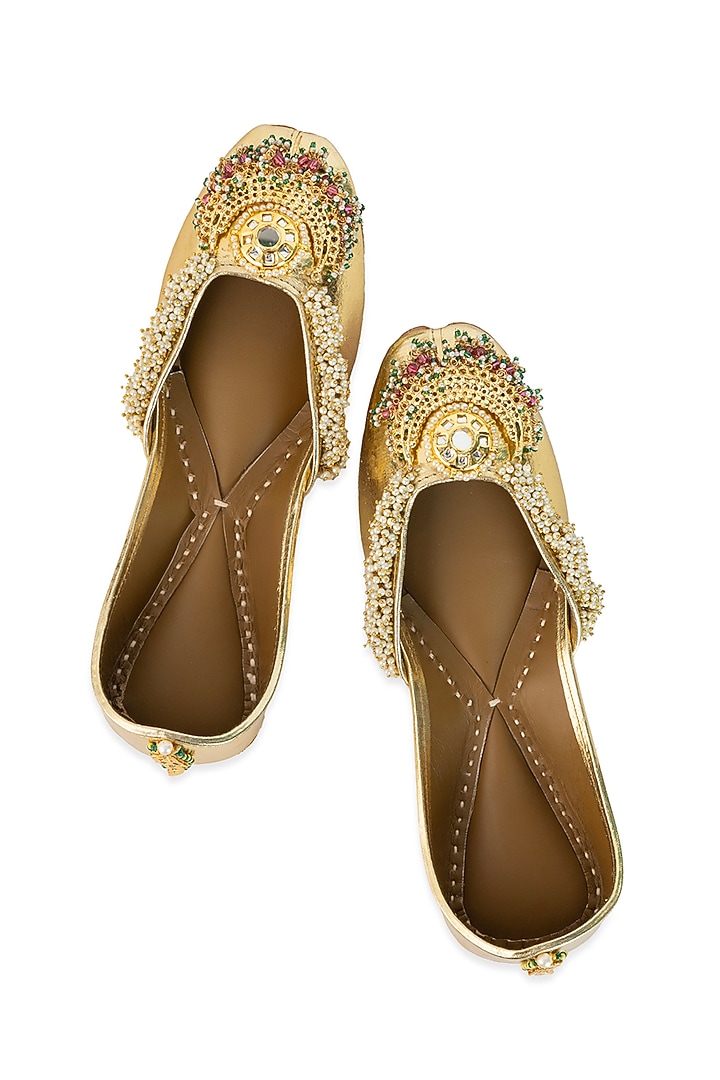 Gold Leatherette Mirror Hand Embroidered Juttis by 5 Elements at Pernia's Pop Up Shop