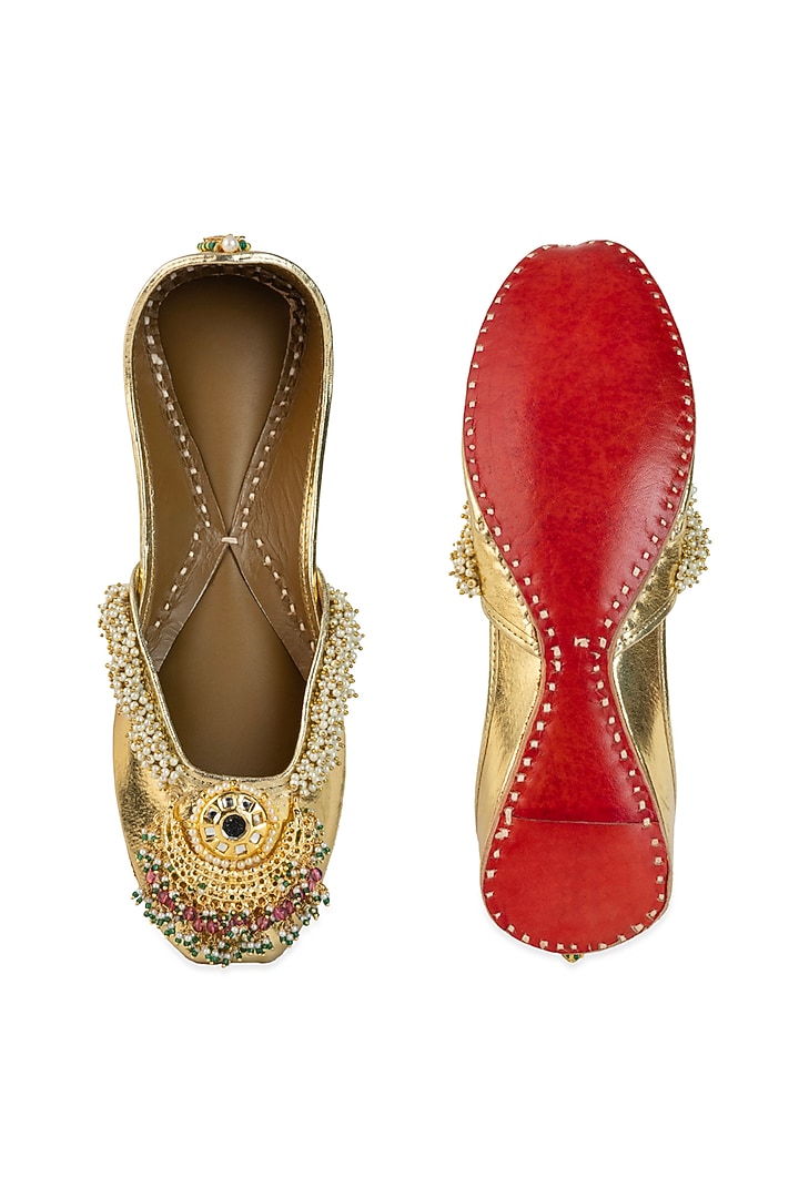 Gold Leatherette Mirror Hand Embroidered Juttis by 5 Elements at Pernia's Pop Up Shop