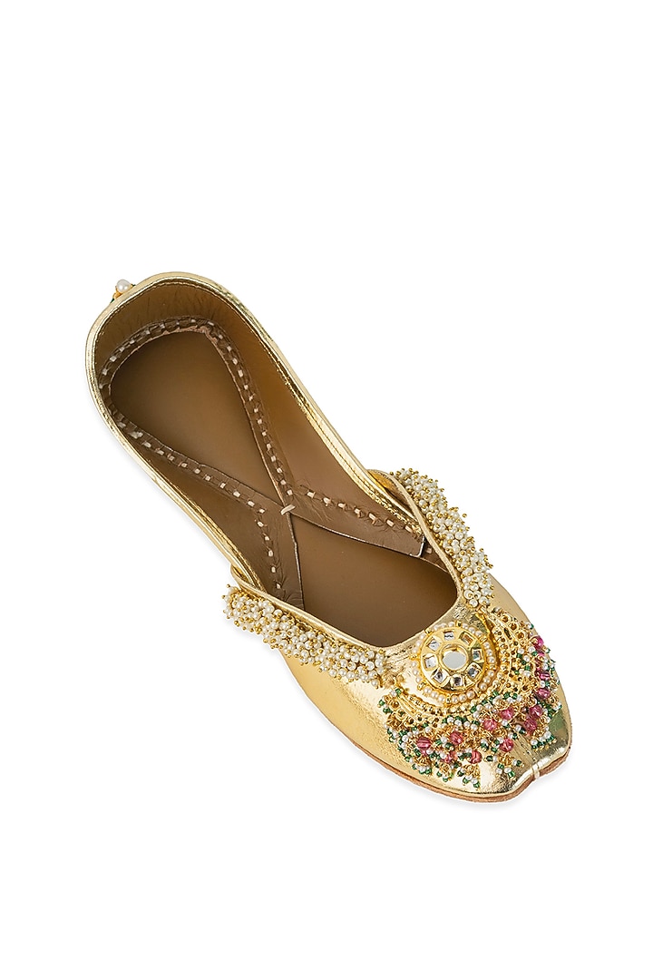 Gold Leatherette Mirror Hand Embroidered Juttis by 5 Elements at Pernia's Pop Up Shop