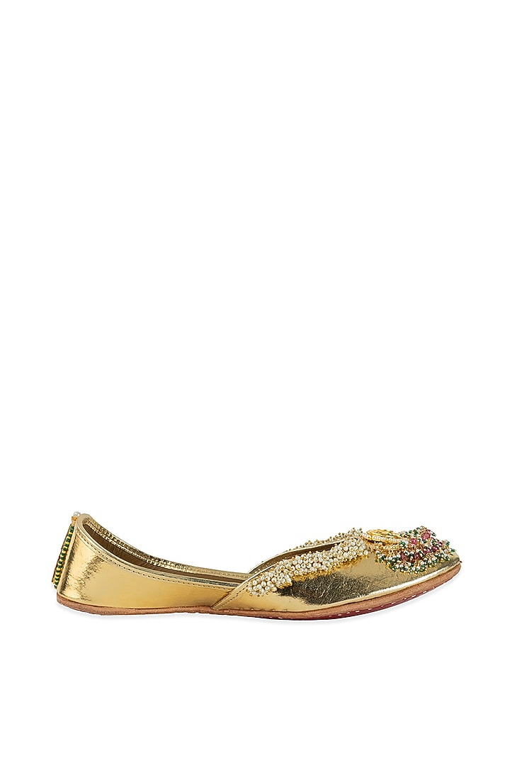 Gold Leatherette Mirror Hand Embroidered Juttis by 5 Elements at Pernia's Pop Up Shop