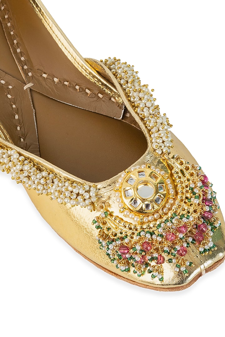 Gold Leatherette Mirror Hand Embroidered Juttis by 5 Elements at Pernia's Pop Up Shop