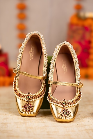 Gold Leatherette Pearl & Crystal Embellished Juttis by 5 Elements