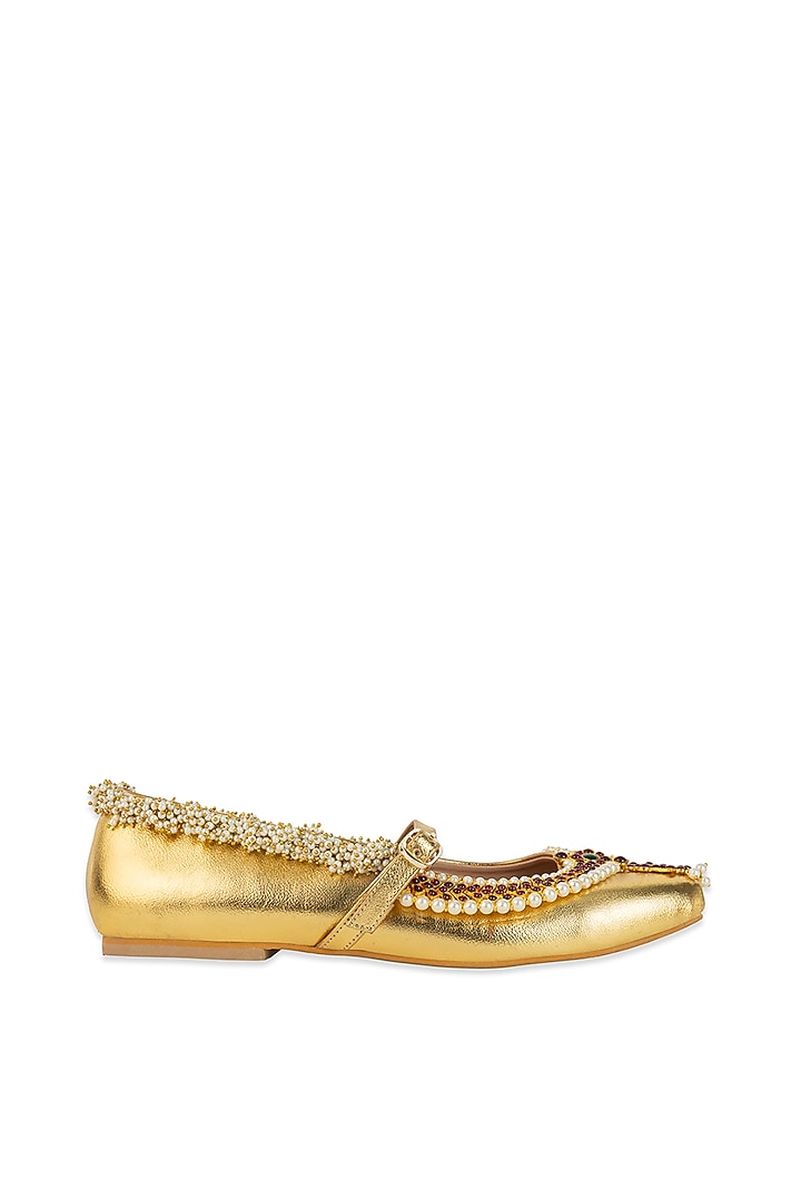 Gold Leatherette Pearl & Crystal Embellished Juttis by 5 Elements at Pernia's Pop Up Shop