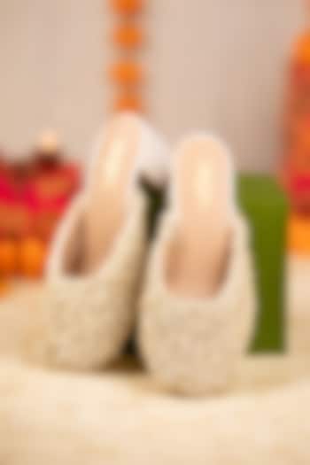 White Leatherette Bead Hand Embroidered Heels by 5 Elements at Pernia's Pop Up Shop