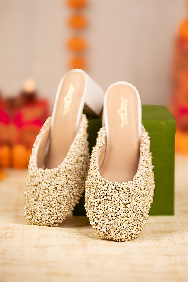White Leatherette Bead Hand Embroidered Heels by 5 Elements at Pernia's Pop Up Shop