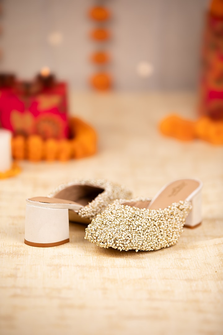 White Leatherette Bead Hand Embroidered Heels by 5 Elements at Pernia's Pop Up Shop