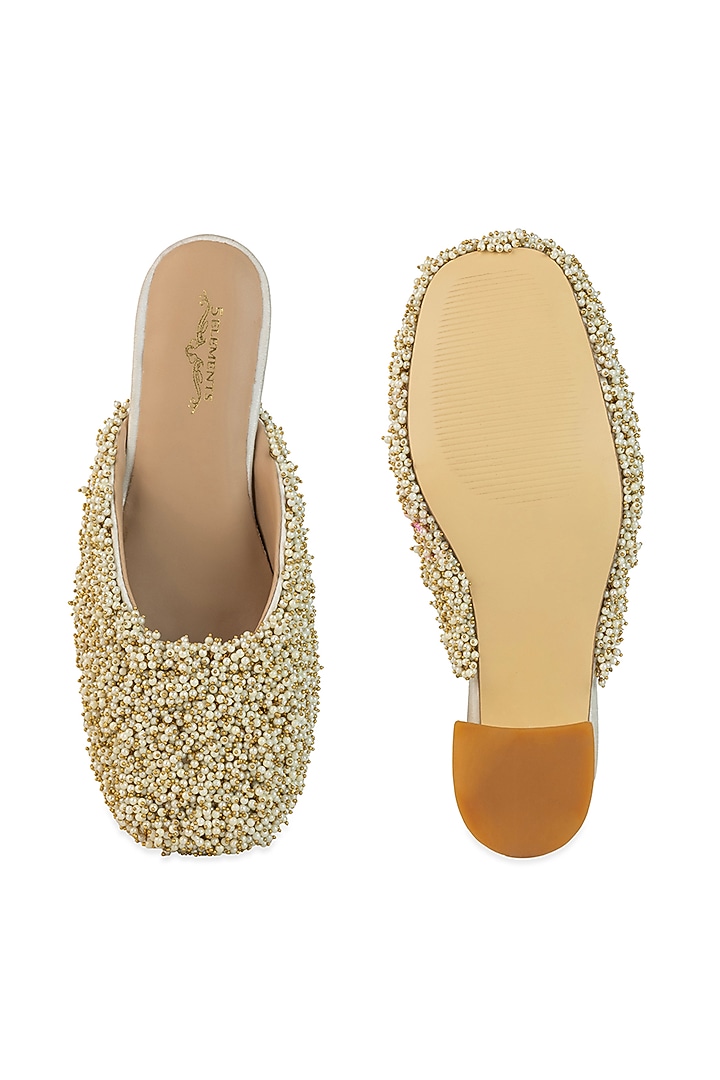 White Leatherette Bead Hand Embroidered Heels by 5 Elements at Pernia's Pop Up Shop