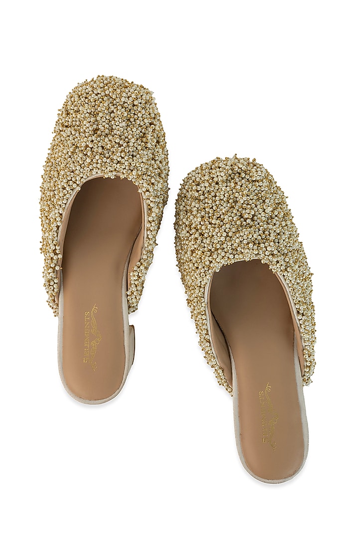 White Leatherette Bead Hand Embroidered Heels by 5 Elements at Pernia's Pop Up Shop
