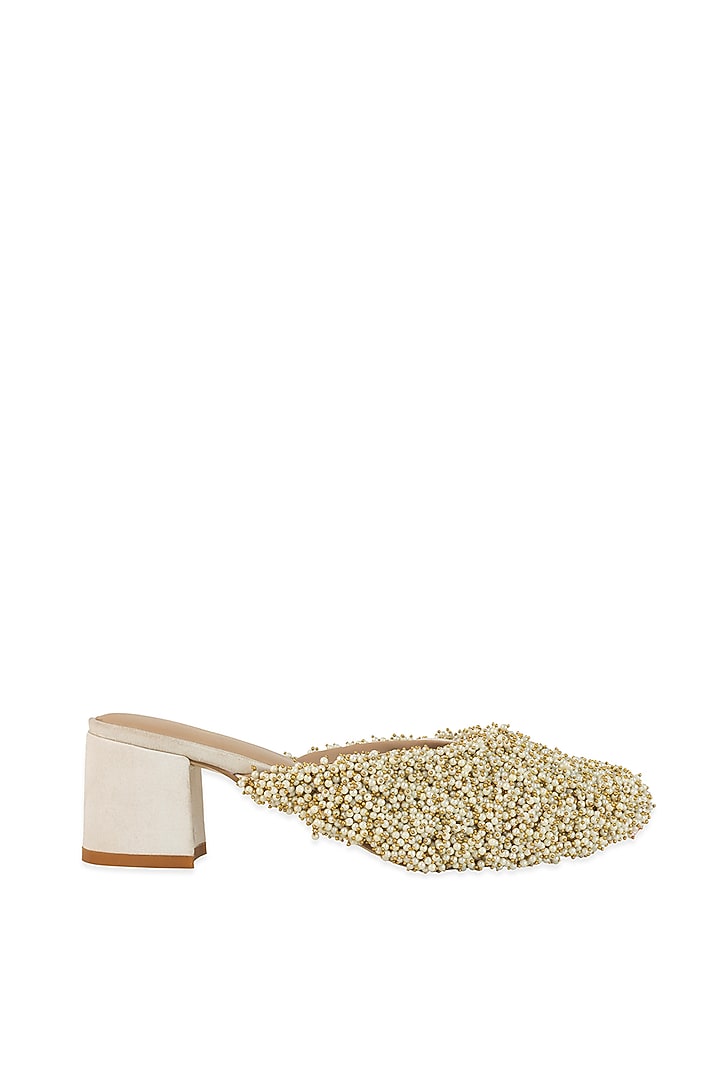 White Leatherette Bead Hand Embroidered Heels by 5 Elements at Pernia's Pop Up Shop