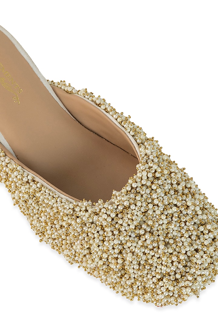 White Leatherette Bead Hand Embroidered Heels by 5 Elements at Pernia's Pop Up Shop