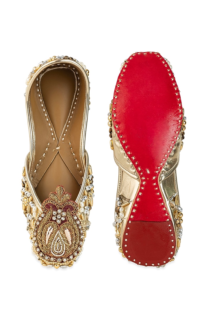 Gold Leatherette Pearl & Sequin Hand Embroidered Juttis by 5 Elements at Pernia's Pop Up Shop