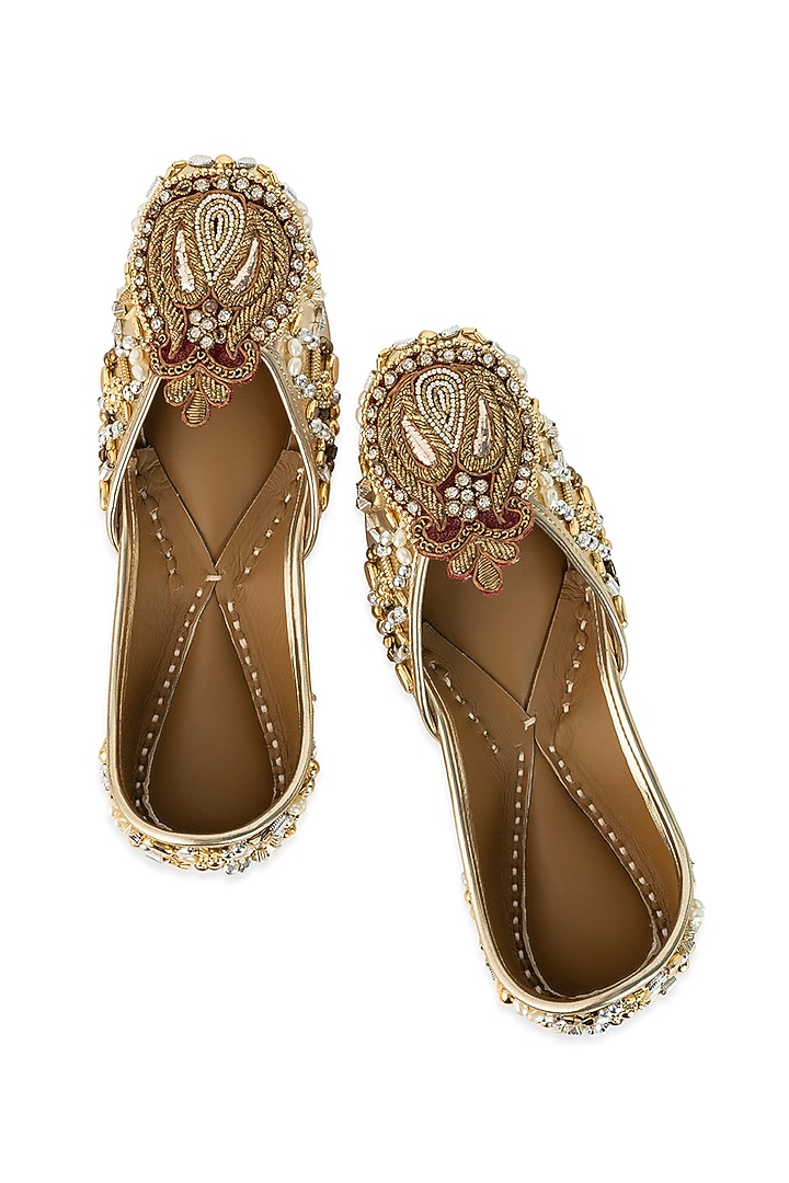 Gold Leatherette Pearl & Sequin Hand Embroidered Juttis by 5 Elements at Pernia's Pop Up Shop