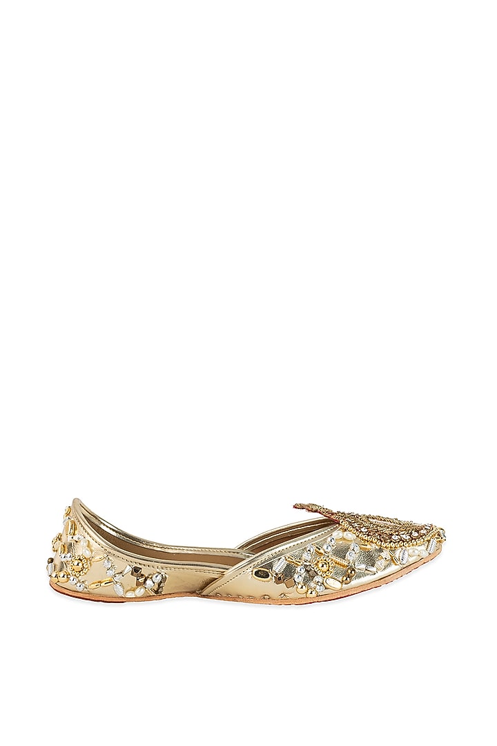 Gold Leatherette Pearl & Sequin Hand Embroidered Juttis by 5 Elements at Pernia's Pop Up Shop