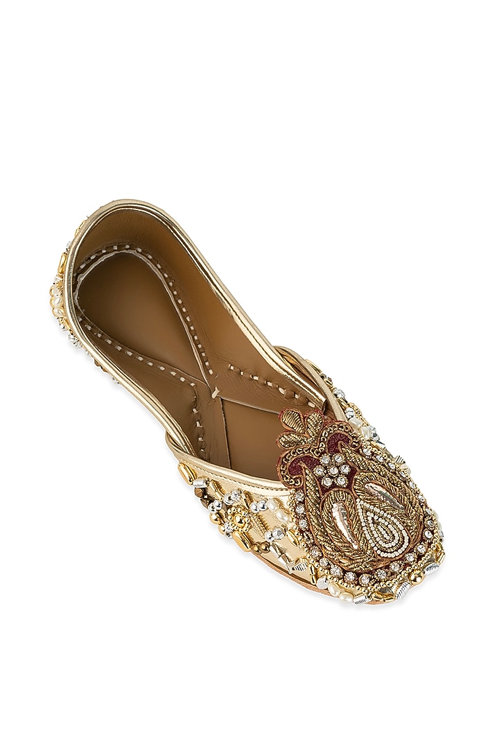 Gold Leatherette Pearl & Sequin Hand Embroidered Juttis by 5 Elements at Pernia's Pop Up Shop