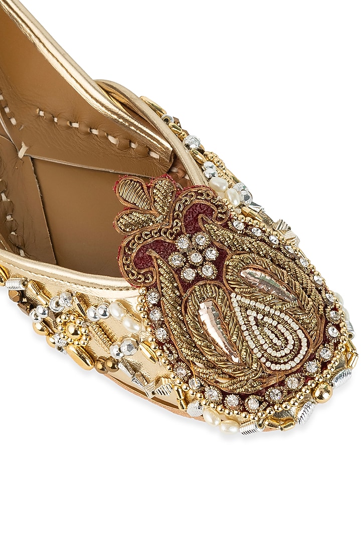 Gold Leatherette Pearl & Sequin Hand Embroidered Juttis by 5 Elements at Pernia's Pop Up Shop
