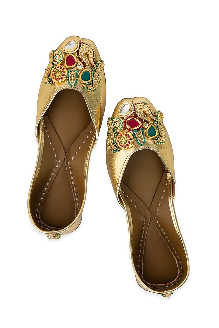 Gold Leatherette Metallic Thread Work Juttis by 5 Elements at Pernia's Pop Up Shop