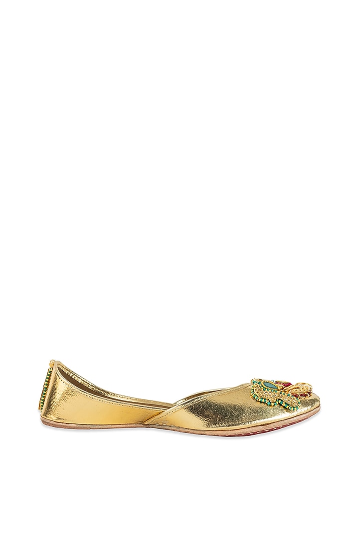 Gold Leatherette Metallic Thread Work Juttis by 5 Elements at Pernia's Pop Up Shop