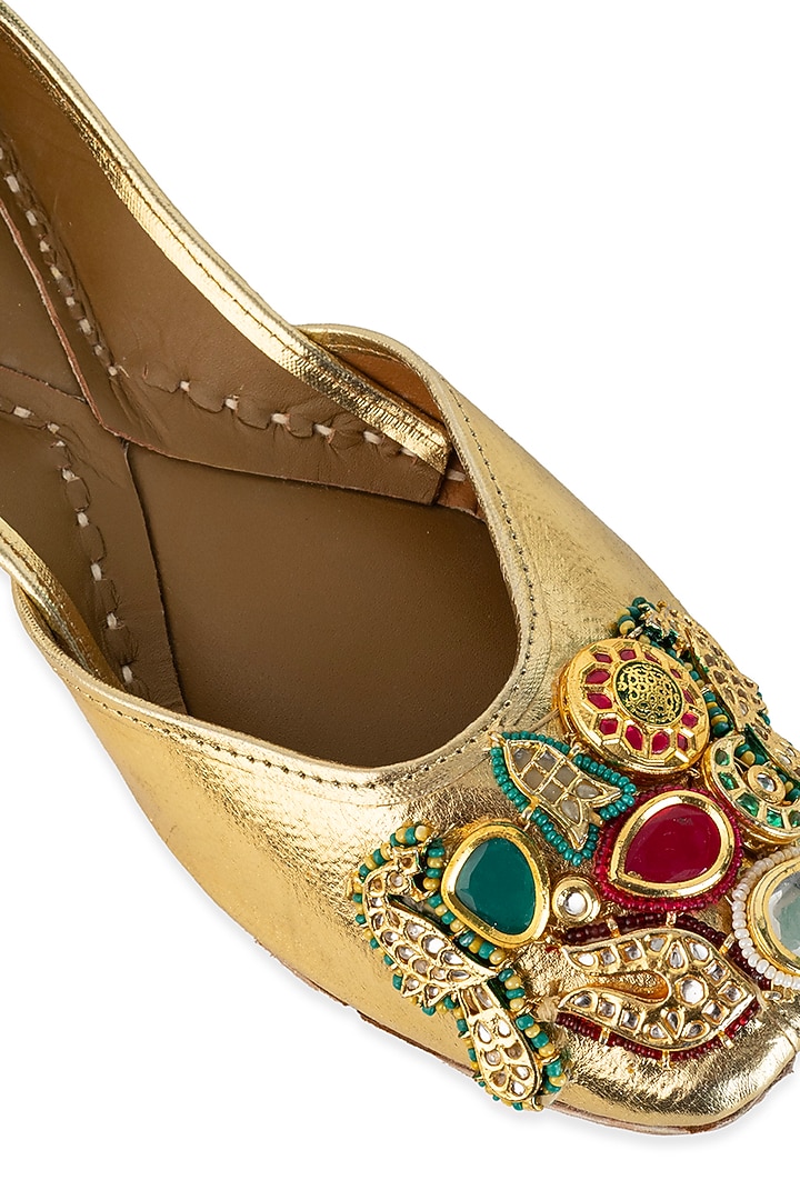 Gold Leatherette Metallic Thread Work Juttis by 5 Elements at Pernia's Pop Up Shop