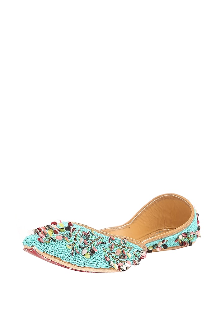 Turquoise Cutdana Embroidered Juttis by 5 Elements