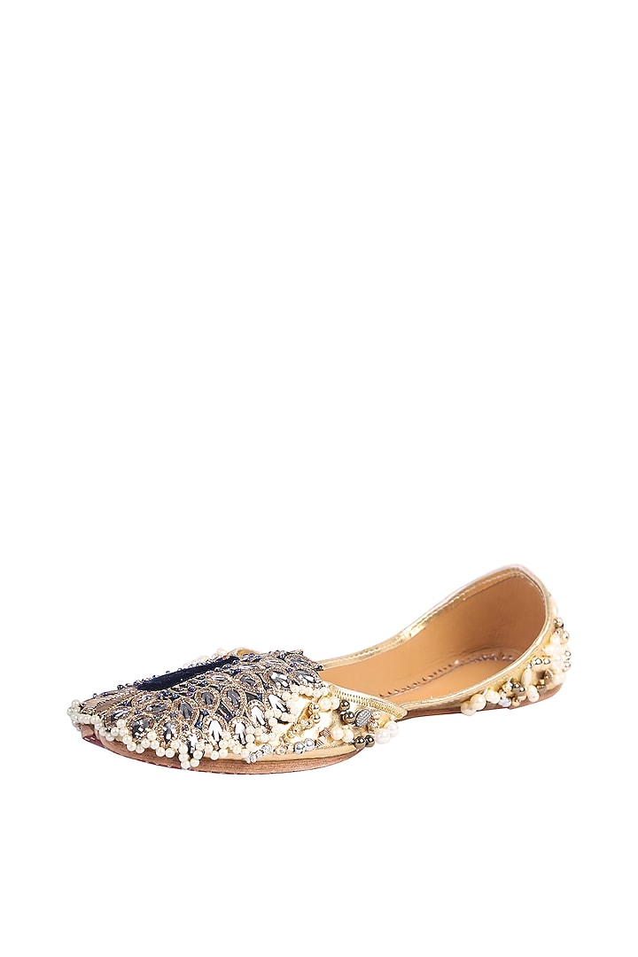 Gold Pearls & Sequins Embroidered Juttis by 5 Elements