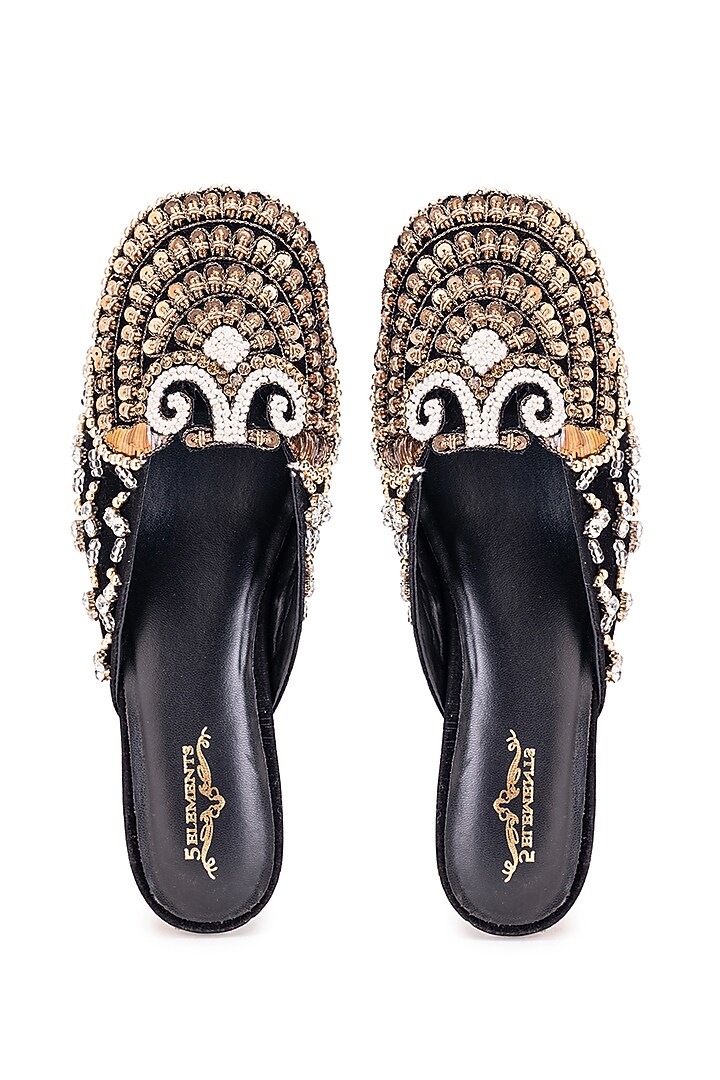 Black Leatherette Dabka Embroidered Mule Heels by 5 Elements at Pernia's Pop Up Shop