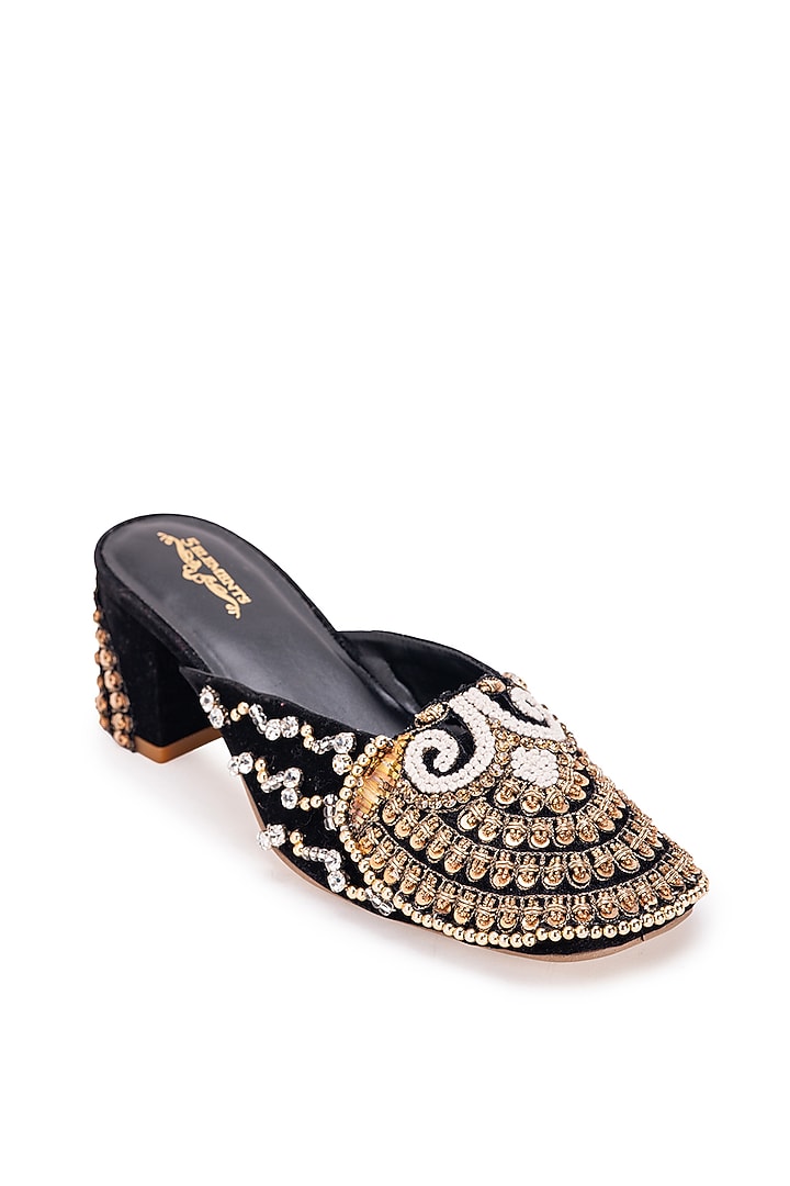 Black Leatherette Dabka Embroidered Mule Heels by 5 Elements at Pernia's Pop Up Shop