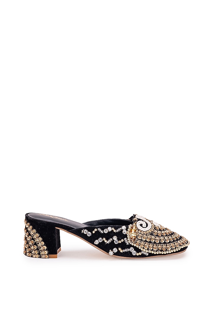 Black Leatherette Dabka Embroidered Mule Heels by 5 Elements at Pernia's Pop Up Shop