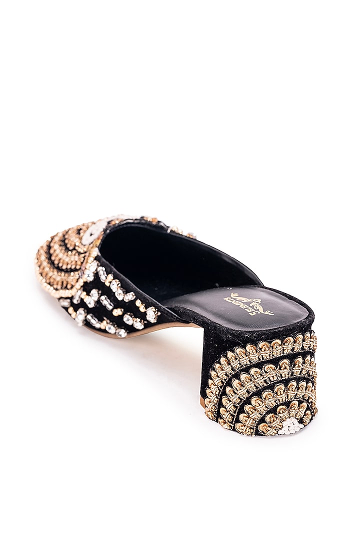 Black Leatherette Dabka Embroidered Mule Heels by 5 Elements at Pernia's Pop Up Shop