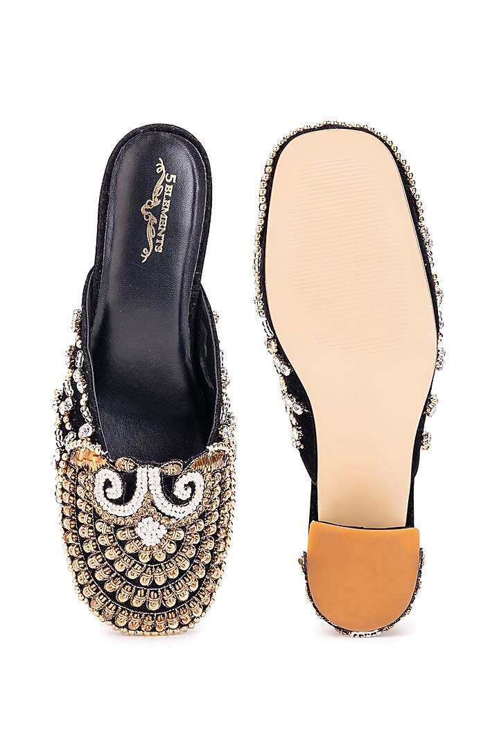 Black Leatherette Dabka Embroidered Mule Heels by 5 Elements at Pernia's Pop Up Shop