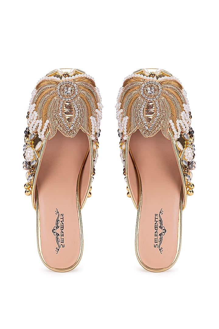 Gold Leatherette Dabka Embroidered Mule Heels by 5 Elements at Pernia's Pop Up Shop