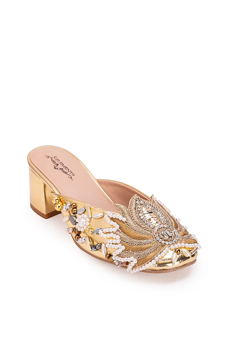 Gold Leatherette Dabka Embroidered Mule Heels by 5 Elements at Pernia's Pop Up Shop