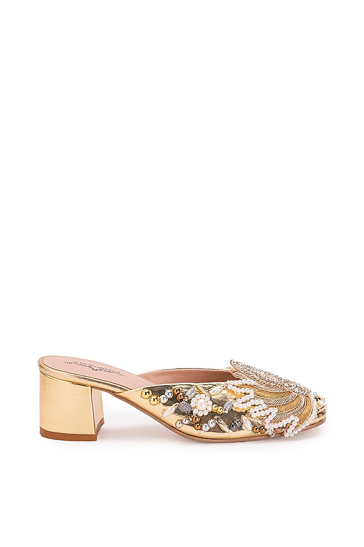 Gold Leatherette Dabka Embroidered Mule Heels by 5 Elements at Pernia's Pop Up Shop