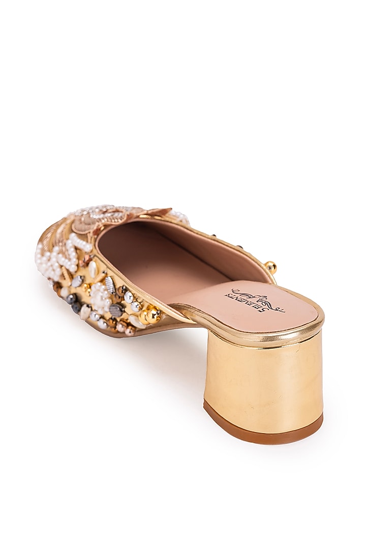 Gold Leatherette Dabka Embroidered Mule Heels by 5 Elements at Pernia's Pop Up Shop