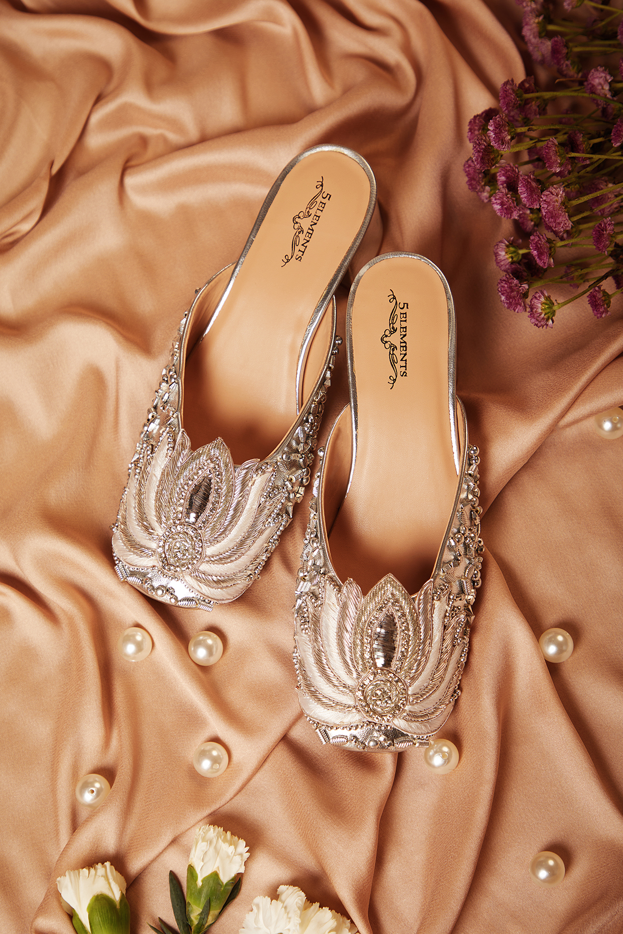 Silver Leatherette Dabka Embroidered Mule Heels by 5 Elements at Pernia's Pop Up Shop