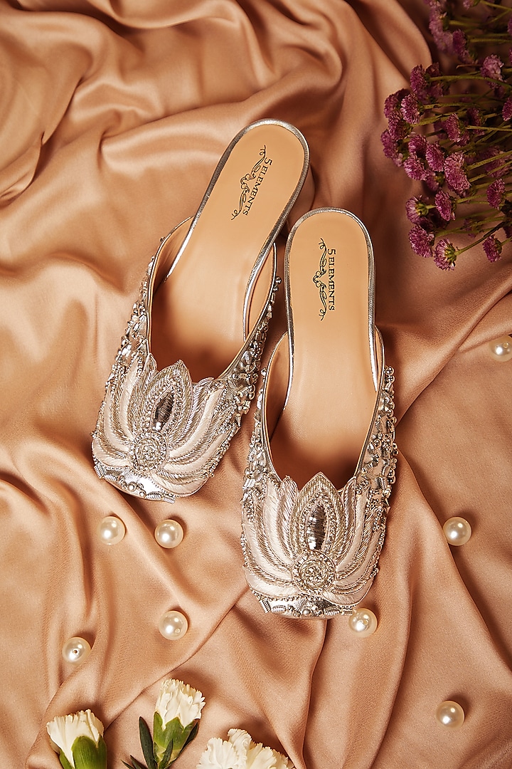 Silver Leatherette Dabka Embroidered Mule Heels by 5 Elements at Pernia's Pop Up Shop