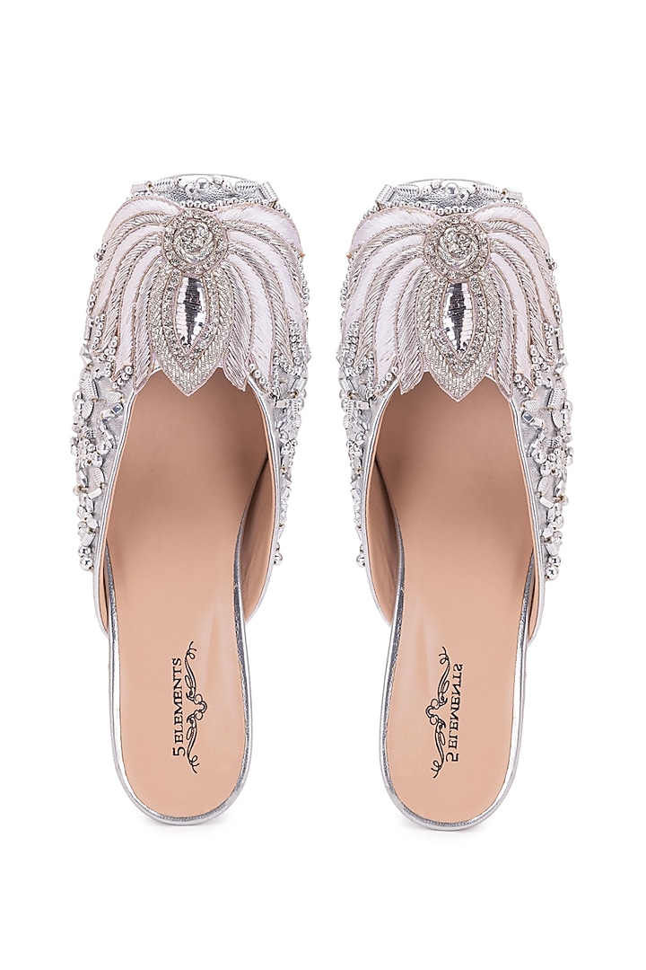 Silver Leatherette Dabka Embroidered Mule Heels by 5 Elements at Pernia's Pop Up Shop