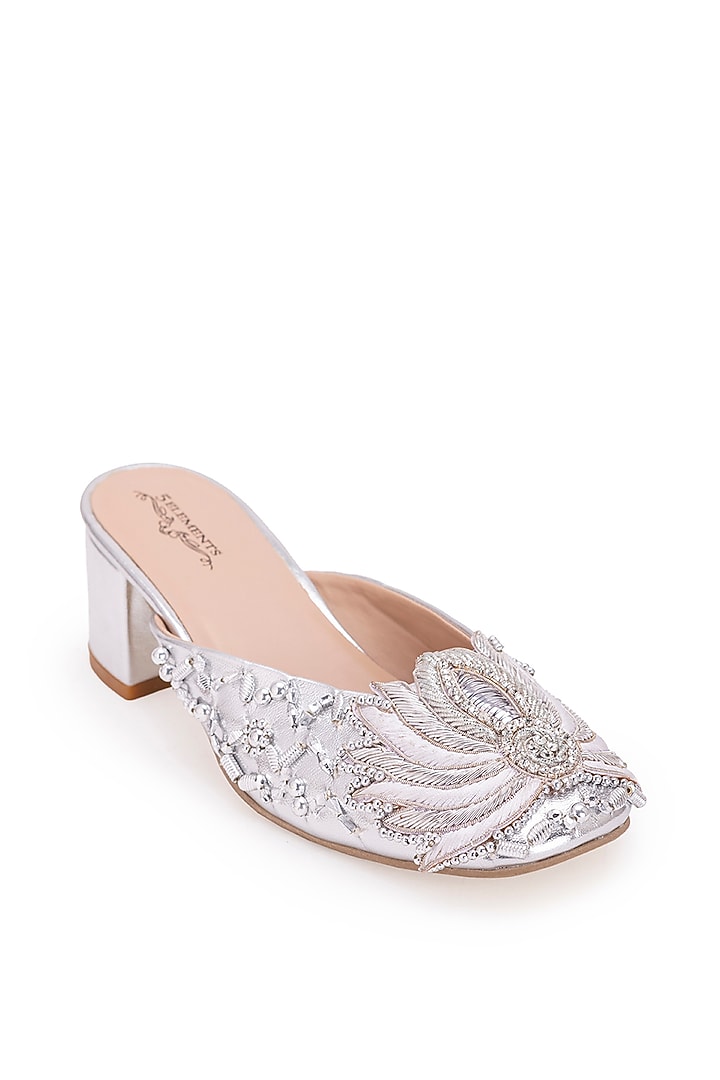 Silver Leatherette Dabka Embroidered Mule Heels by 5 Elements at Pernia's Pop Up Shop