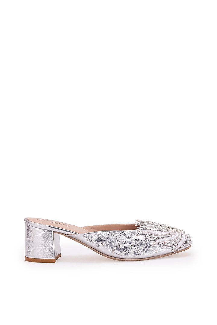 Silver Leatherette Dabka Embroidered Mule Heels by 5 Elements at Pernia's Pop Up Shop