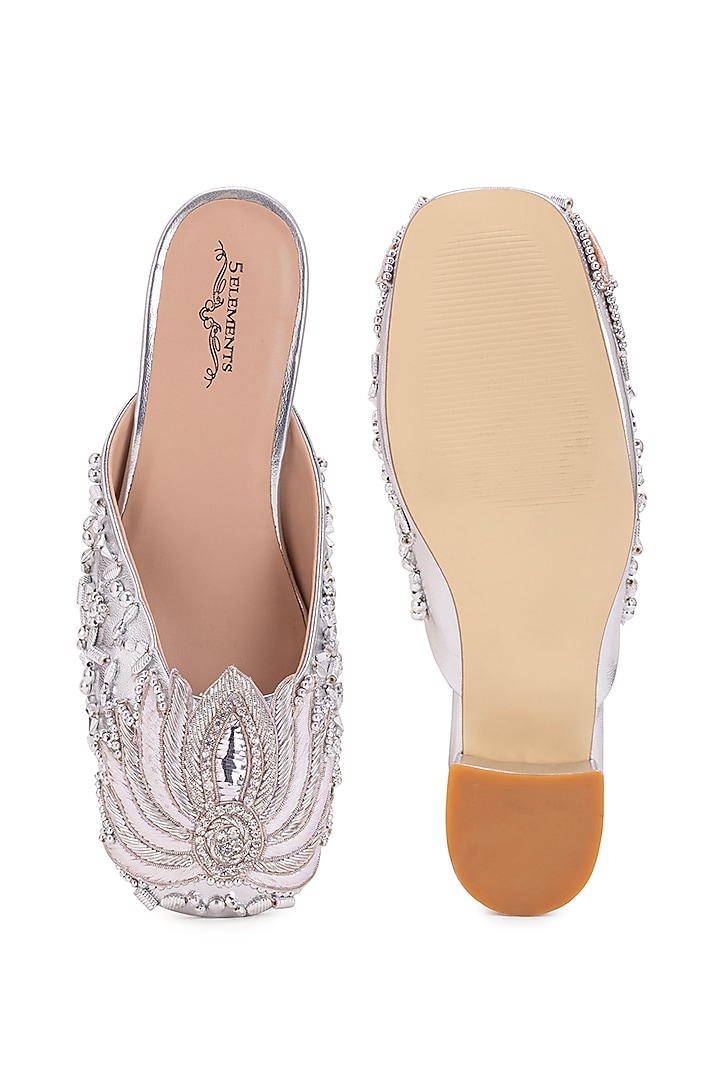 Silver Leatherette Dabka Embroidered Mule Heels by 5 Elements at Pernia's Pop Up Shop
