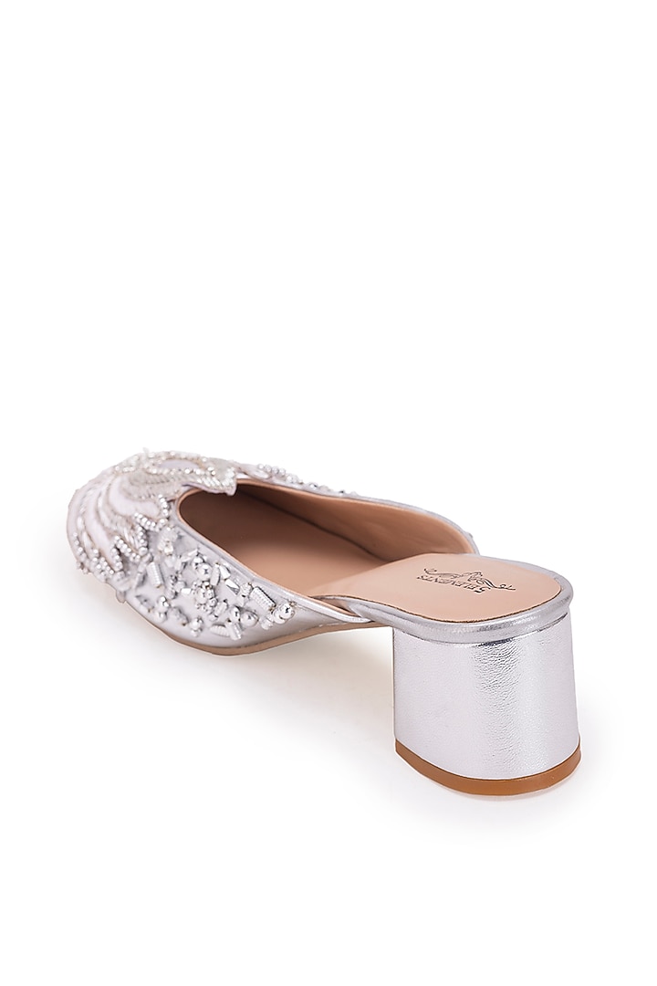 Silver Leatherette Dabka Embroidered Mule Heels by 5 Elements at Pernia's Pop Up Shop