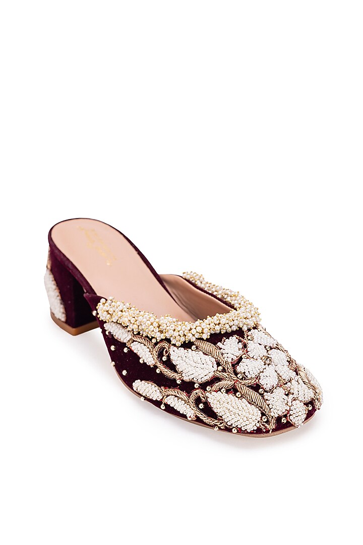 Maroon Leatherette Dabka Embroidered Mule Heels by 5 Elements at Pernia's Pop Up Shop