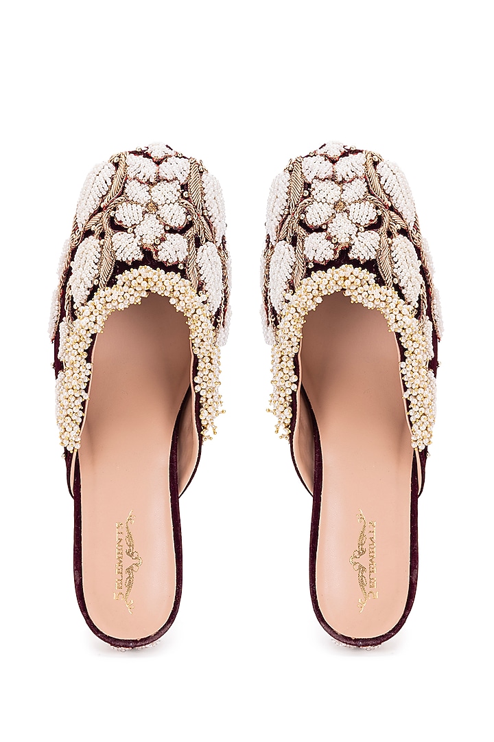 Maroon Leatherette Dabka Embroidered Mule Heels by 5 Elements at Pernia's Pop Up Shop