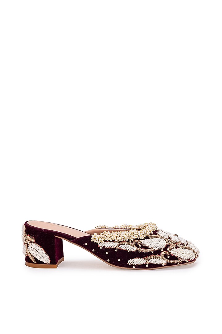 Maroon Leatherette Dabka Embroidered Mule Heels by 5 Elements at Pernia's Pop Up Shop