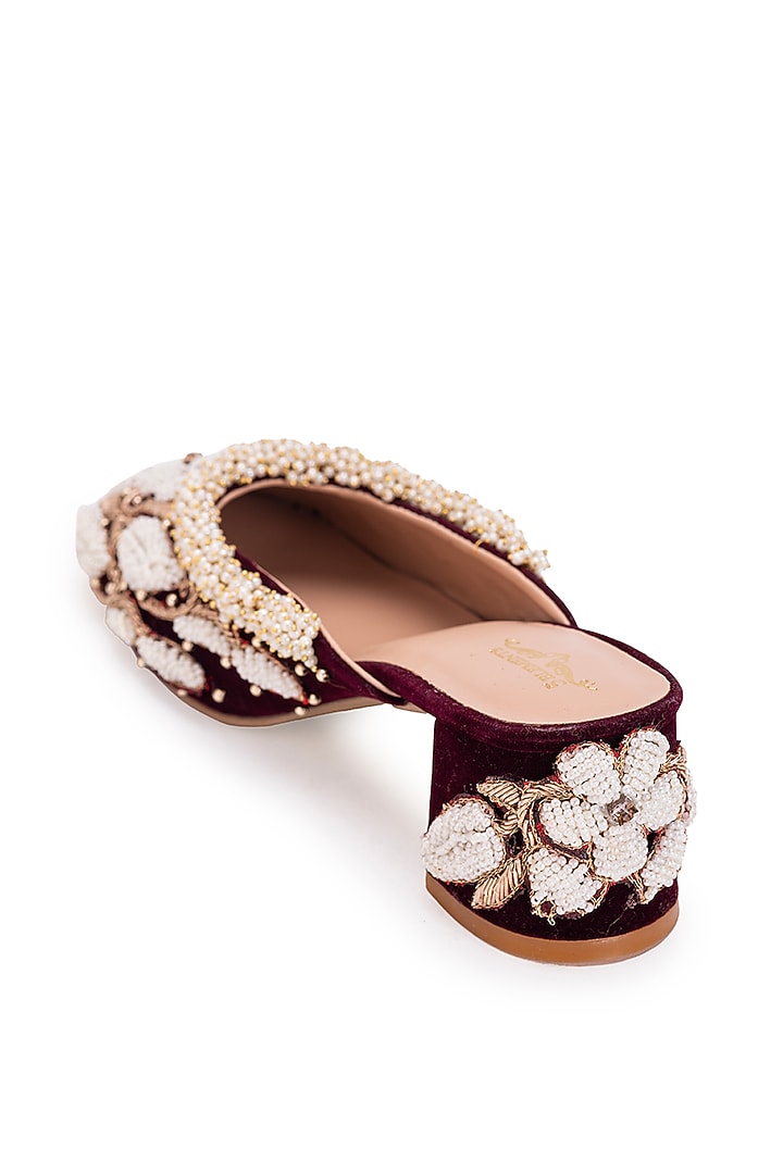 Maroon Leatherette Dabka Embroidered Mule Heels by 5 Elements at Pernia's Pop Up Shop