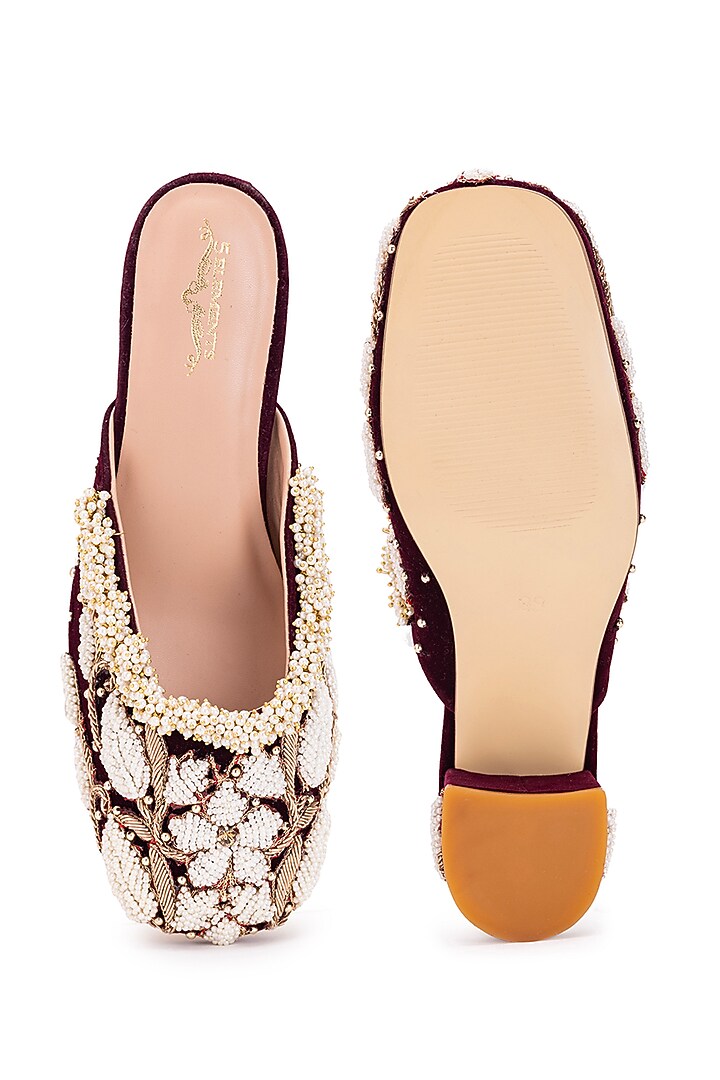 Maroon Leatherette Dabka Embroidered Mule Heels by 5 Elements at Pernia's Pop Up Shop